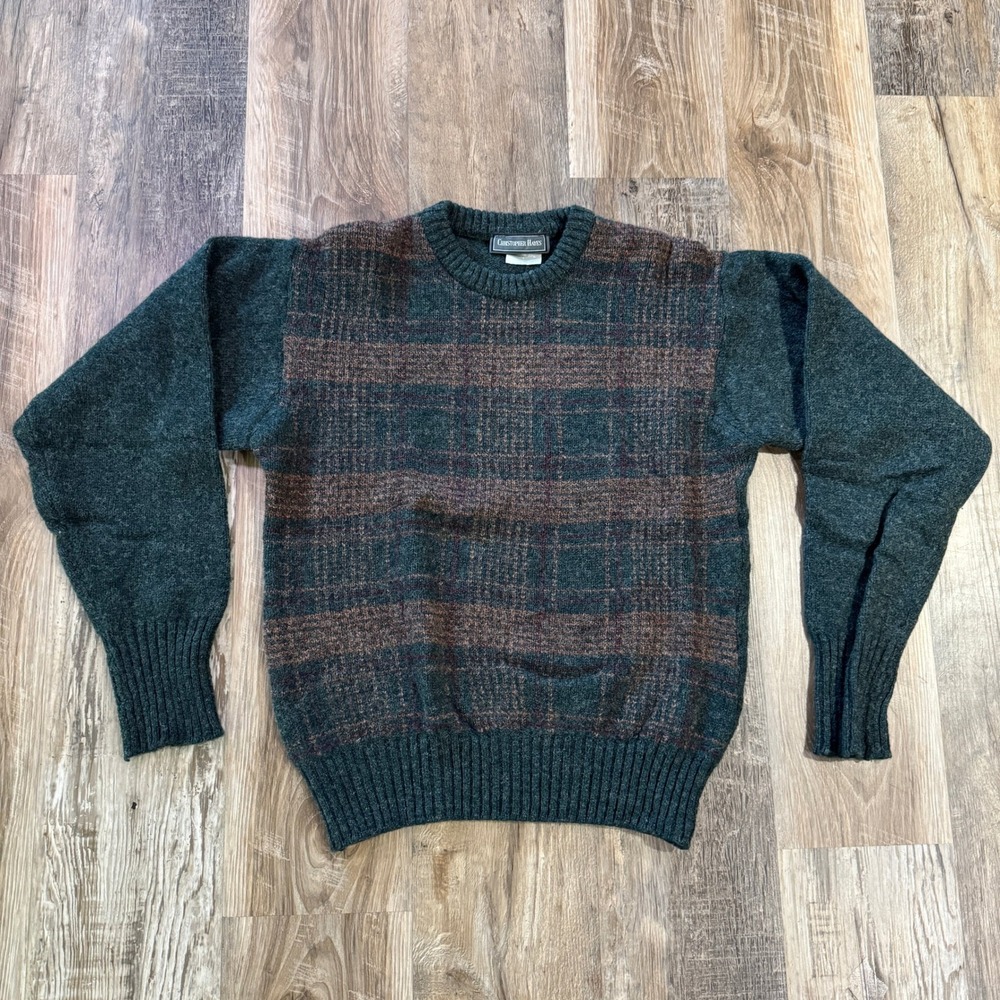 VTG 80s 90s Christopher Hayes Irish Shetland Wool Plaid Sweater Size L Fits M